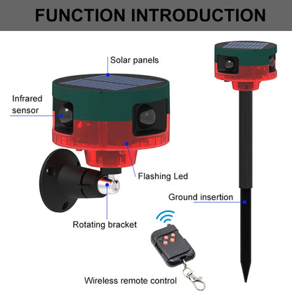 Solar Birds Repeller 360-degree Induction Alarm 1200mAh Wild Animal Deterrent 13 Sounds Recordable IP55 for Wild Boar Rabbit