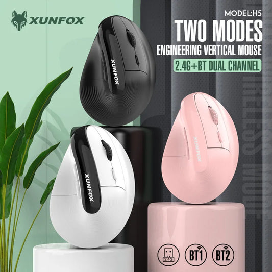 2024 Novo XUNSVFOX H5 Mouse Vertical Sem Fio Bluetooth Ergonômico Carregamento Modo Duplo Mouse Empresarial Silencioso Mouse de Computador de Escritório 