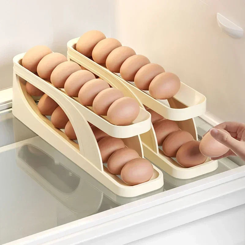 2pcs Automatic Scrolling Egg Rack Holder Storage Box Egg Basket Container Organizer Rolldown Refrigerator Egg Dispenser Kitchen Leedoar