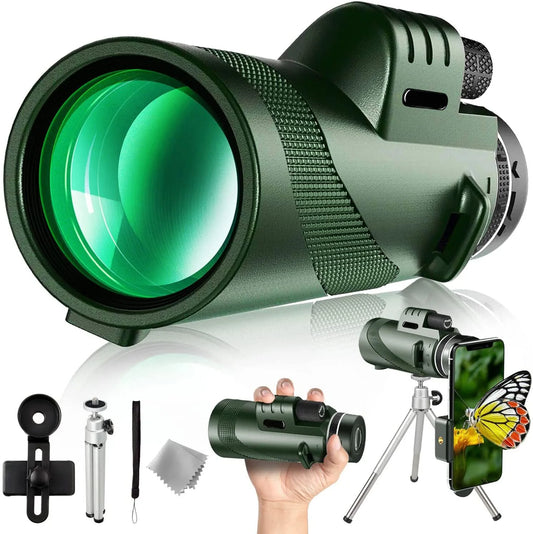 Telescopio monocular de alta definición 80X100 con zoom de largo alcance, prisma Bak4 y trípode con clip para teléfono, para caza, acampada, observación de aves y senderismo 