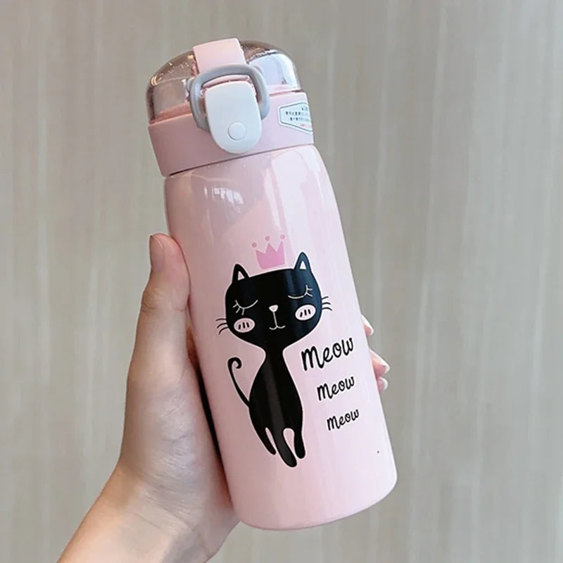 350ml/500ml Criativo Desenho Animado Gato Aço Inoxidável Canudo Garrafa de Vácuo Portátil Caneca Infantil Garrafa Térmica de Viagem Copo de Água 