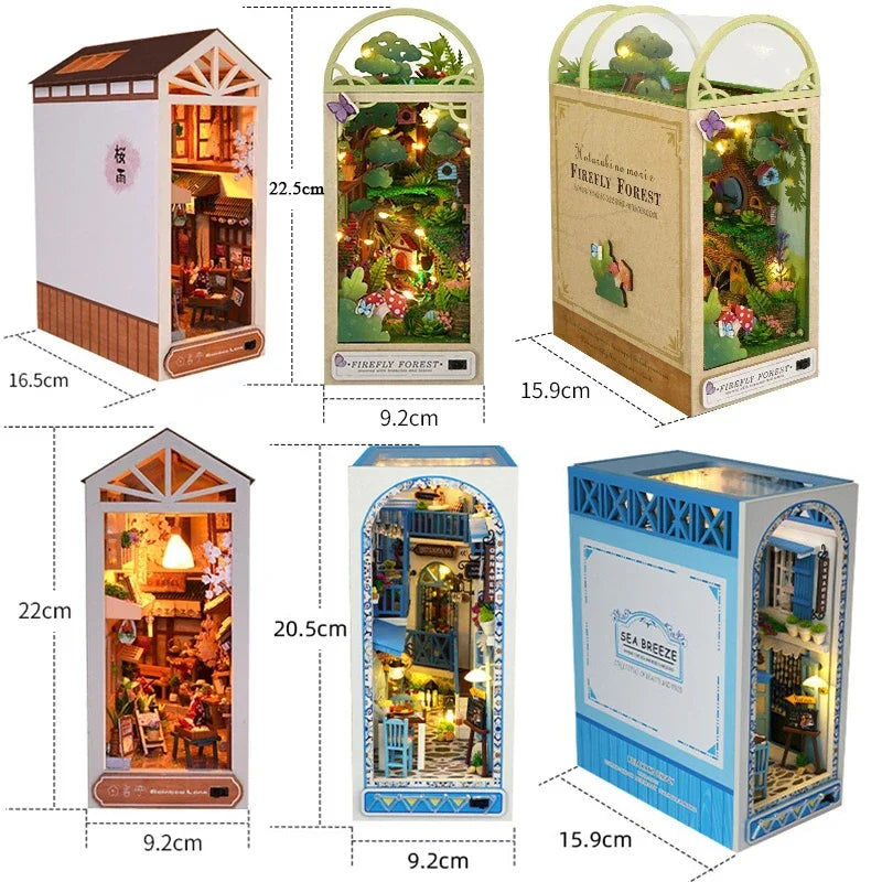 DIY Wooden Book Nook Shelf Insert Miniature Building Kits Cyberrpunk World Bookshelf Assembly Bookend for Adults Birthday Gifts Leedoar