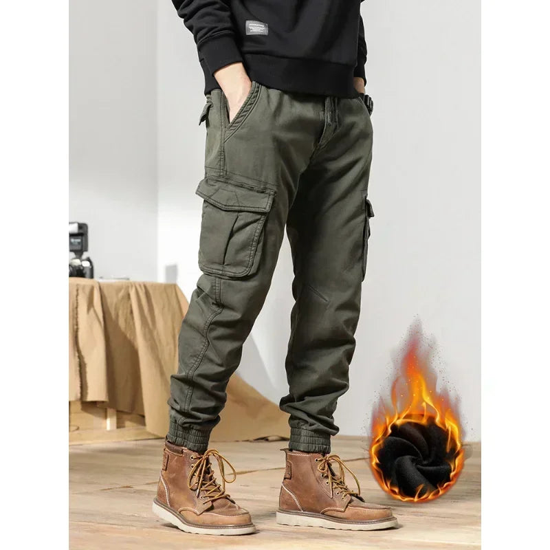 2022 New Multi-Pockets Winter Cargo Pants Men Fleece Liner Thick Warm Slim Fit Joggers Streetwear Casual Cotton Thermal Trousers Leedoar