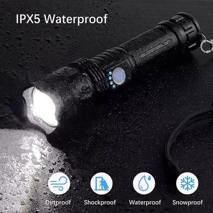 Linterna potente P50, linterna LED recargable por USB, de largo alcance, multifunción, impermeable, para exteriores, para acampar, linterna táctica 