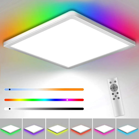 Lámpara de techo LED cuadrada con luz de fondo que cambia de color RGB, control remoto, luz de ambiente regulable incorporada para dormitorio y sala de estar 