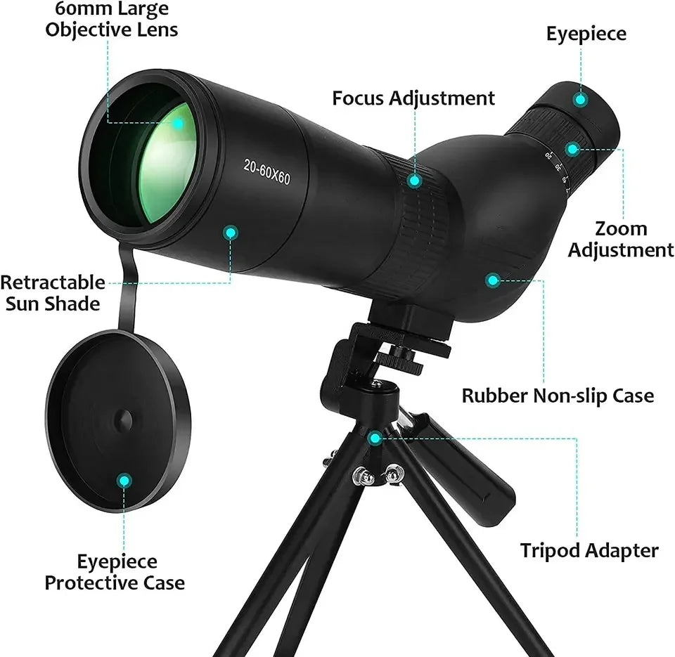 Telescopio monocular potente con zoom Bak4 de 20-60 x 60, prisma impermeable y antivaho, para acampada, observación de aves, paisajes, telescopio para teléfono