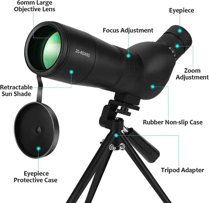 Telescopio monocular potente con zoom Bak4 de 20-60 x 60, prisma impermeable y antivaho, para acampada, observación de aves, paisajes, telescopio para teléfono