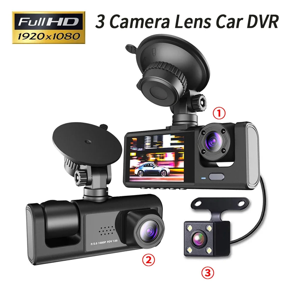 3 Channel Car DVR HD 1080P 3-Lens Inside Vehicle Dash CamThree Way Camera DVRs Recorder Video Registrator Dashcam Camcorder Leedoar