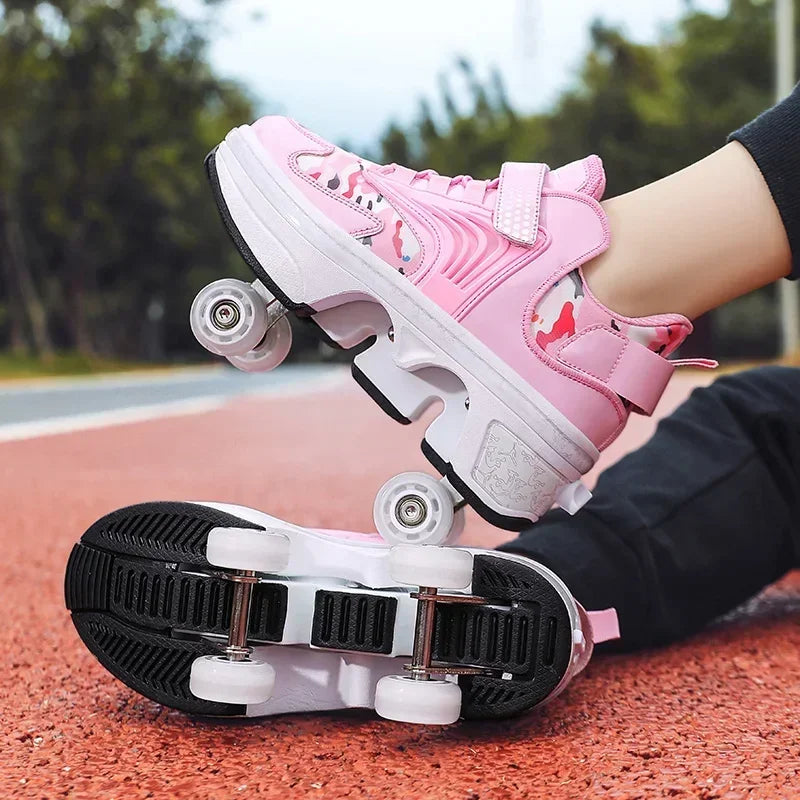 Children's Sports Roller Skates Transformer Shoes 4 Quad Wheel Skates Adult Runaway Shoes Student Transformer Wheels Leedoar