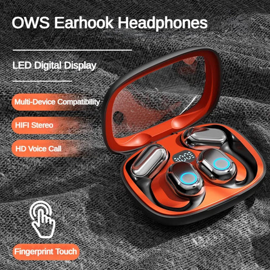 OWS Fone de ouvido sem fio Bluetooth5.3 à prova d'água Hifi Estéreo Redução de ruído Fone de ouvido com display LED Gancho de orelha Fone de ouvido aberto 