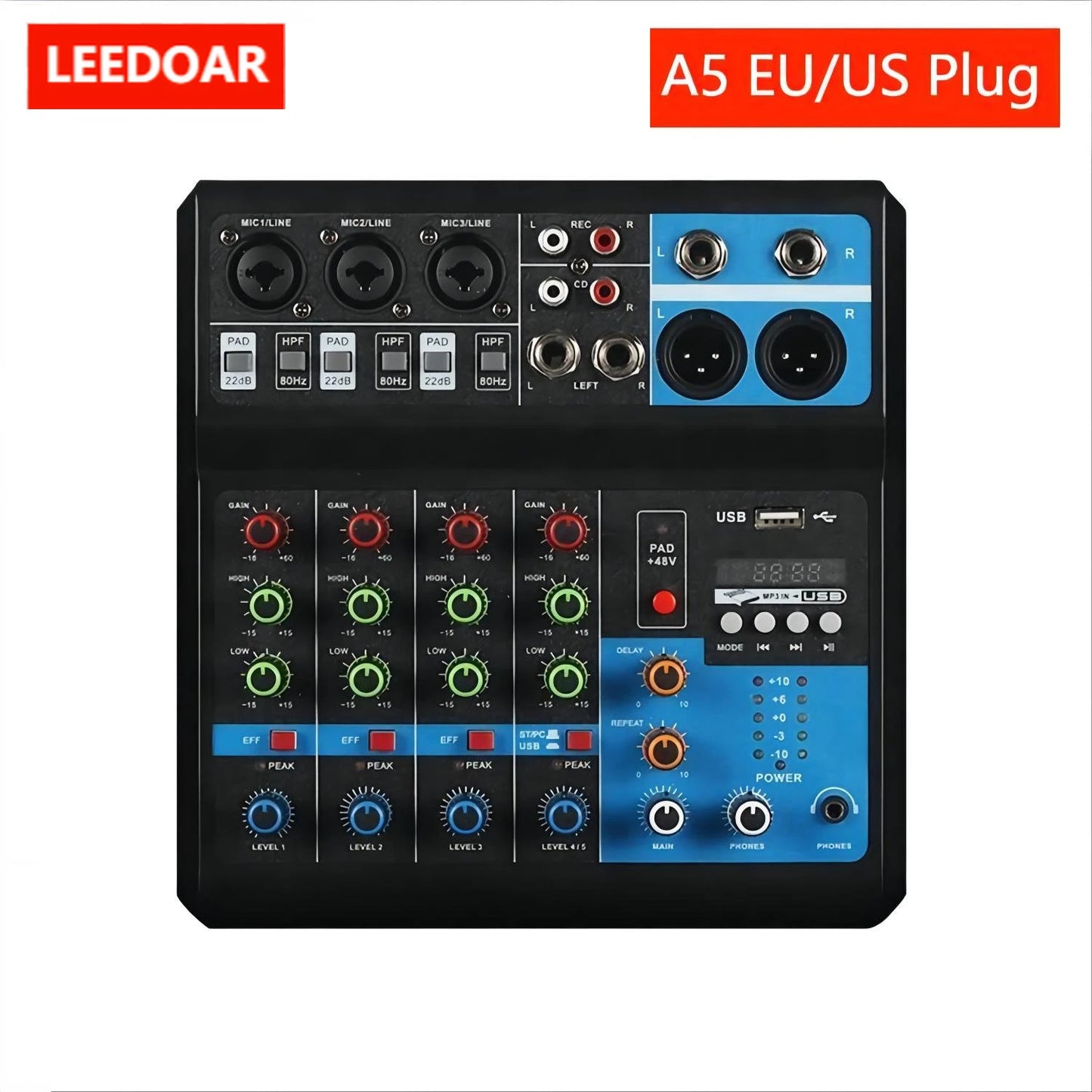 5 Channel Sound Mixer Table Audio Professional Portable Digital Console Computer Recording DJ Controller Processor USB Bluetooth Leedoar