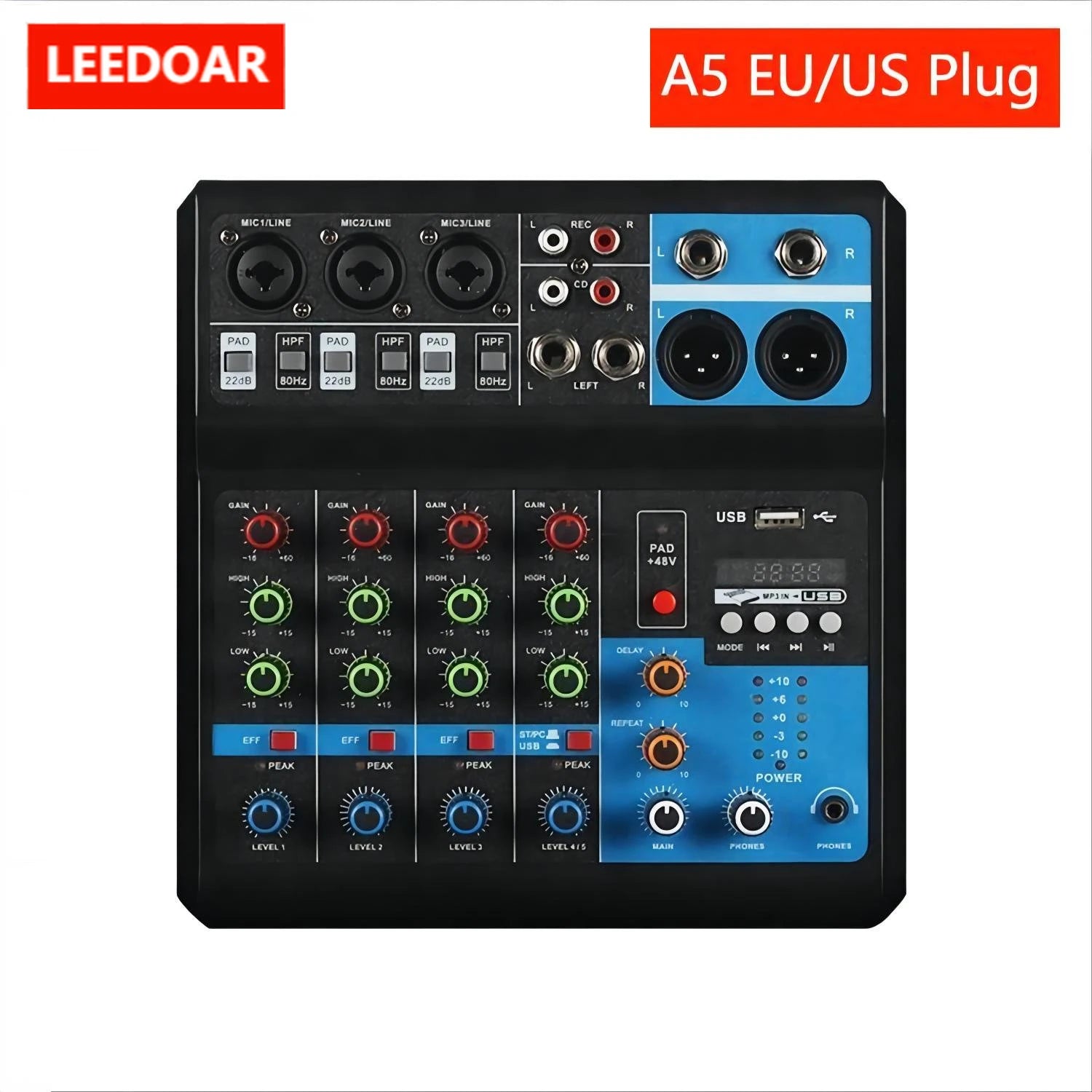 5 Channel Sound Mixer Table Audio Professional Portable Digital Console Computer Recording DJ Controller Processor USB Bluetooth Leedoar