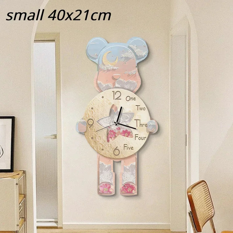 40x21CM Creative Wall Clock Cartoon Fashion Living Room Silent Art Clock Simple Modern Watch Wall Home Decoration Bear Leedoar