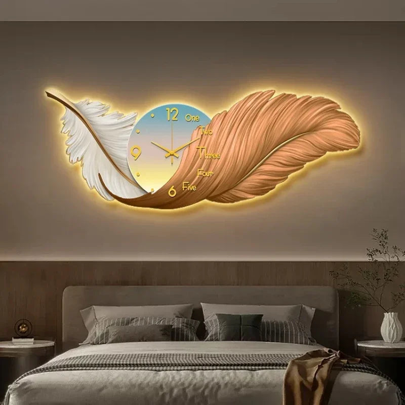 Decoração de sala de estar de penas de luxo moderno, pintura de relógio, pintura de luz LED, cabeceira de cama, escultura, decoração, pintura mural 