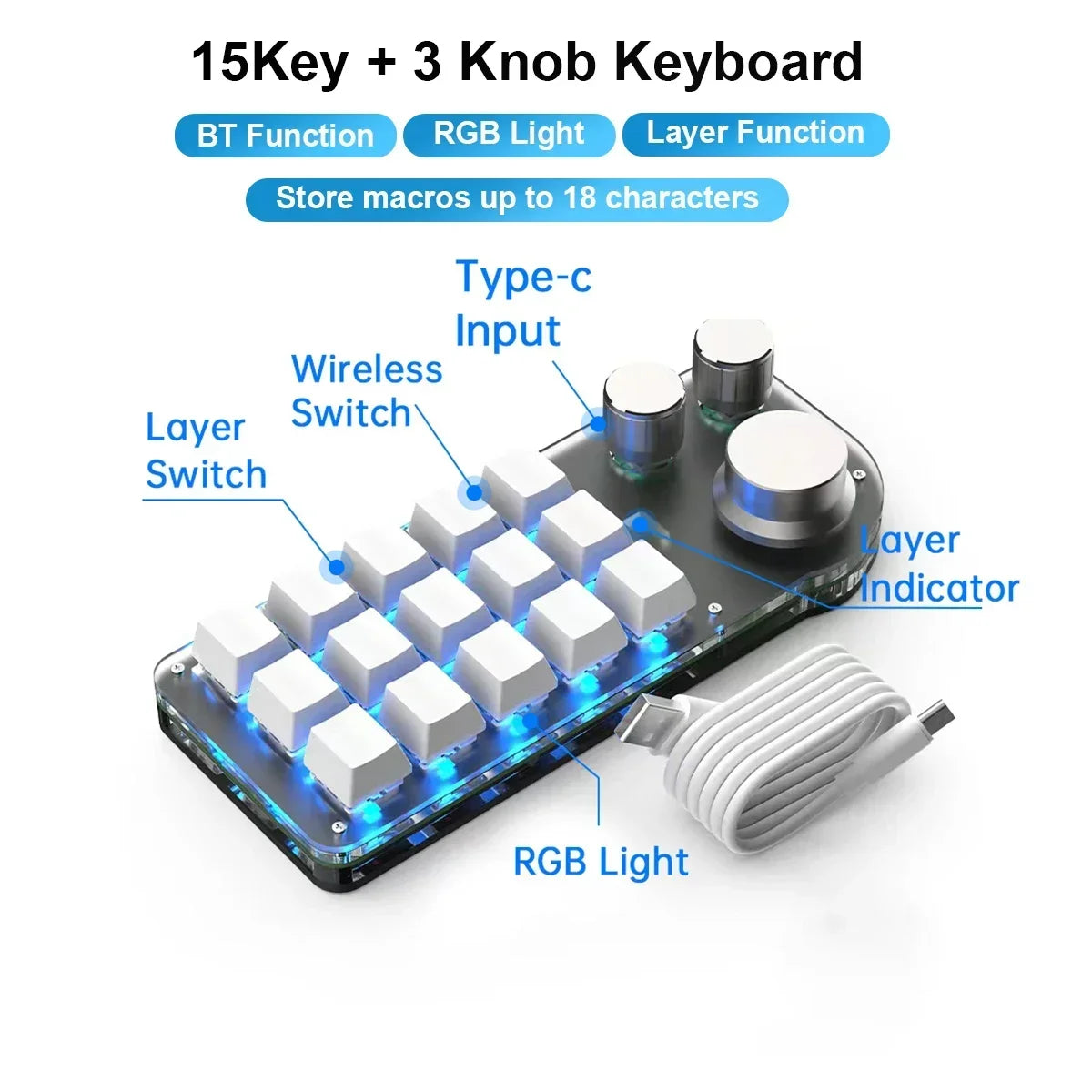 Programación Macro Perilla personalizada Teclado RGB 3 teclas Copiar Pegar Mini botón Photoshop Teclado para juegos Teclado mecánico Hotswap Macropad