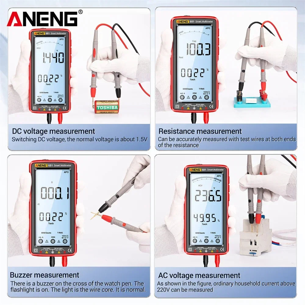 ANENG 681 Rechargable Digital Professional Multimeter Non-contact Voltage Tester AC/DC Voltage Meter LCD Screen Current Tester Leedoar