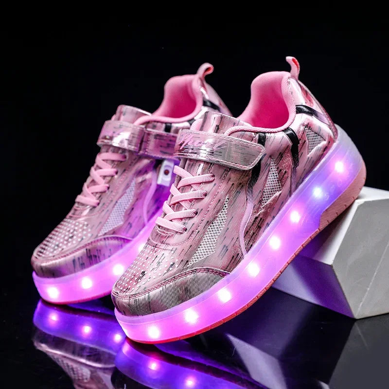 Boys Girls Sneakers Laces 2 Wheels Sneakers Christmas Birthday Kids Show Gift Kids Roller Skates LED Light Leedoar