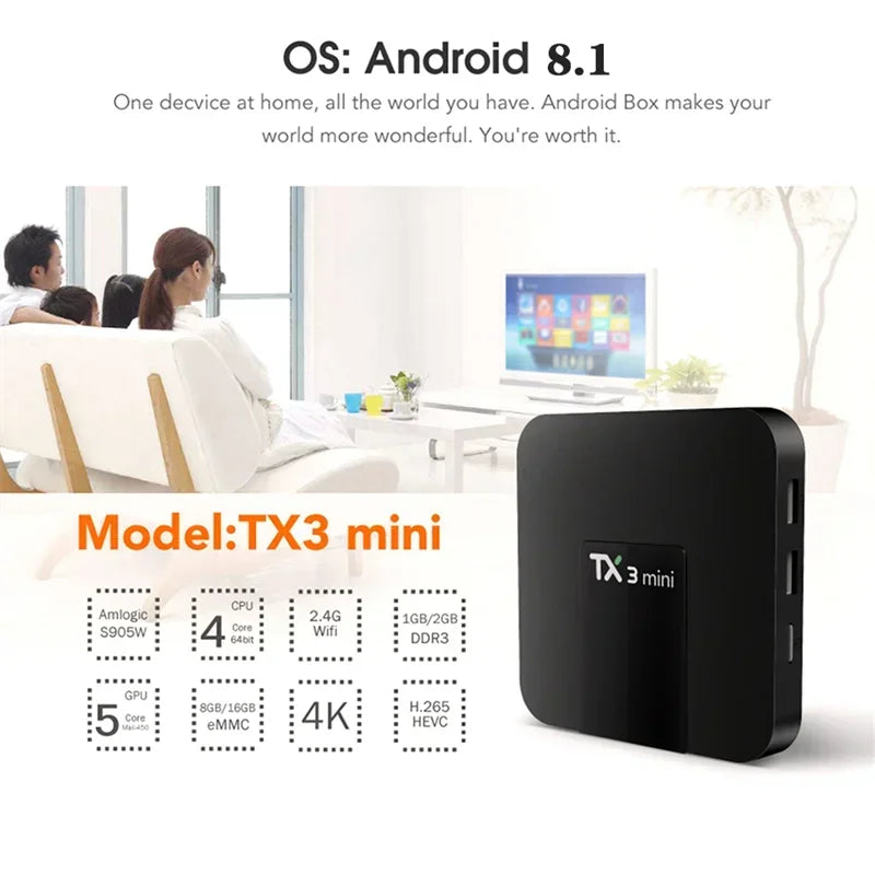 Venda quente estável qualidade TX3 Mini 1G 16G e 2G 16G Amlogic S905W Android 7.1 TV Box Quad Core TX 3 MINI com tela LED STB 