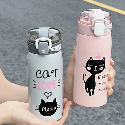 Termo de acero inoxidable con pajita para niños, botella de agua portátil con dibujos de gatos, creativa, de 350 ml o 500 ml 