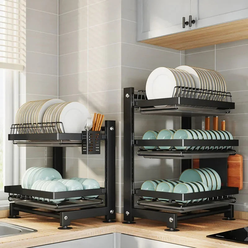 2/3 Tiers Dish Drainer Holder Drying Rack with Tray adjustable Kitchen Sink Counter Organizer Storage Shelf Tableware Drainboard Leedoar