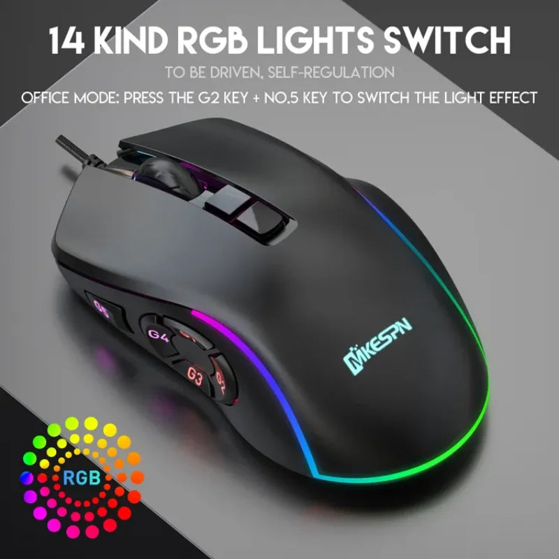 Mouse de escritório para jogos com fio 7200DPI RGB com retroiluminação 6 níveis de DPI ajustáveis/10 botões programáveis/botão de retorno ao mouse de mesa 