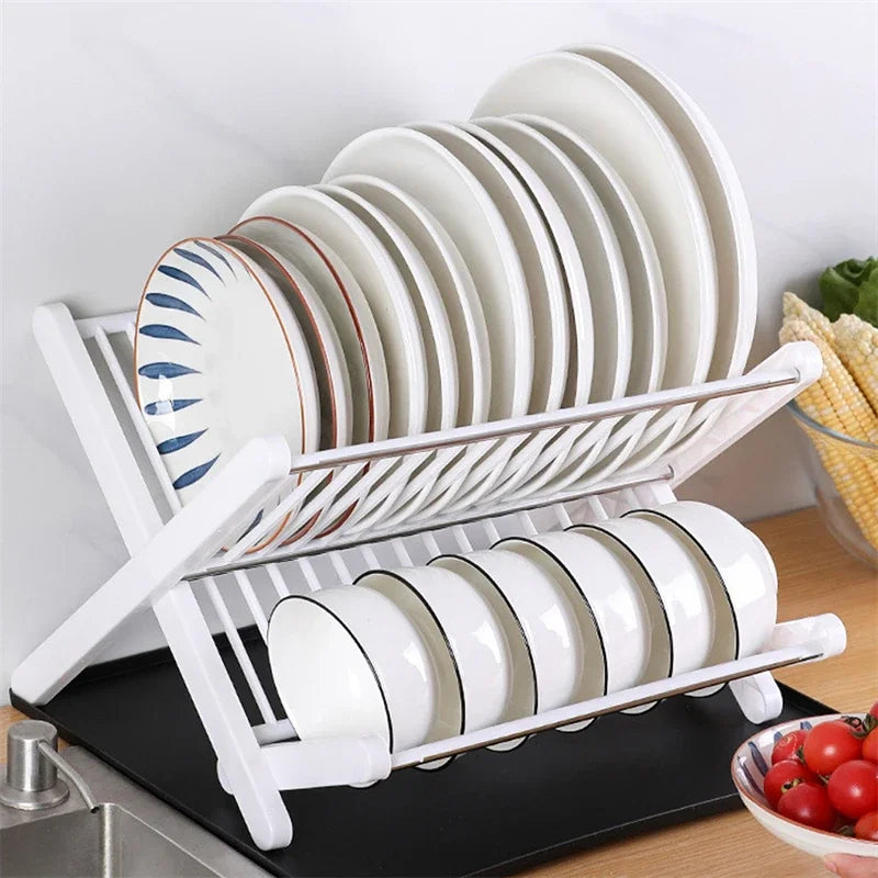 Rejilla para secar platos, bandeja plegable de doble capa, organizador de cocina, soporte para tapa de olla, escurridor de platos, soporte de almacenamiento para fregadero 