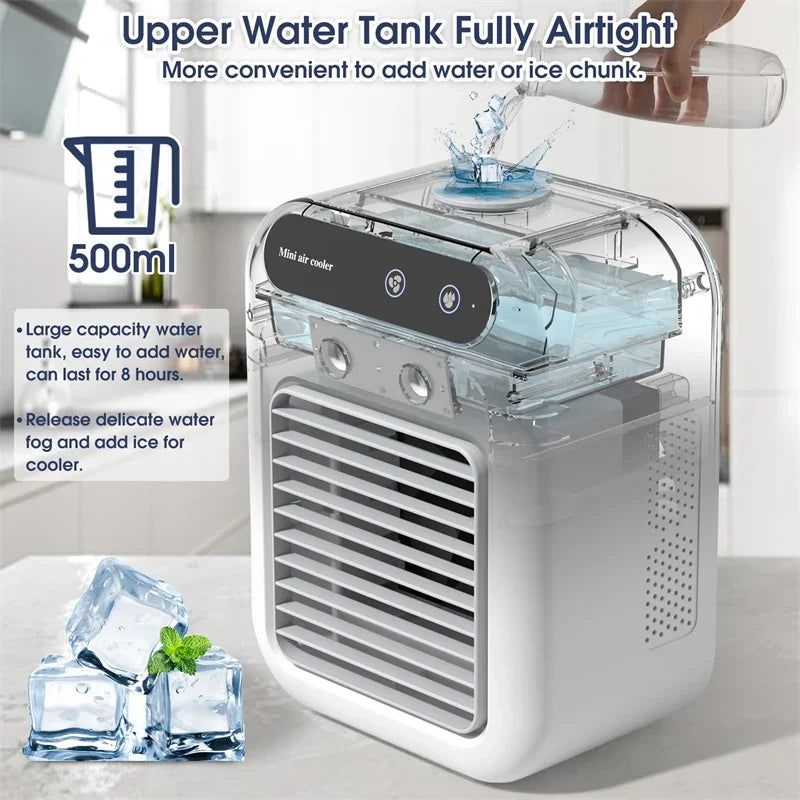 Ventilador portátil, aire acondicionado, mini enfriador de aire, USB, ventilador de aire acondicionado, tanque de agua de 500 ml, ventilador eléctrico con humidificador para dormitorio 