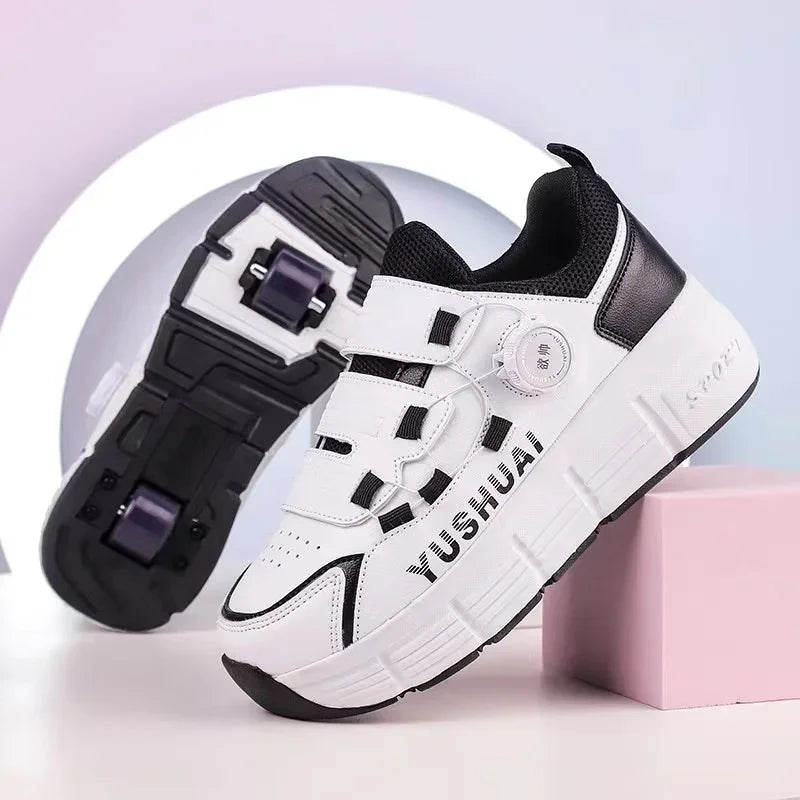 Kids 2-Wheel Roller Skate Shoes With Rotating Buckle Children Deformation Parkour Runaway Boy Girl Gift Blade Flying Sneakers Leedoar