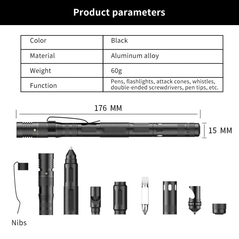 Portable Multifunctional Tactical Pen, Emergency Flashlight, Screwdriver, Bottle Opener, Window Breaker, Outdoor Survival Tool Leedoar