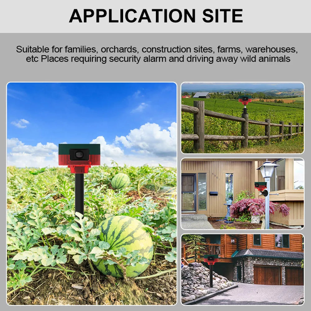 Solar Birds Repeller 360-degree Induction Alarm 1200mAh Wild Animal Deterrent 13 Sounds Recordable IP55 for Wild Boar Rabbit