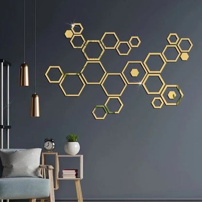 24 peças adesivo de parede de espelho hexagonal 3D vazado faça você mesmo decoração de favo de mel papel autoadesivo à prova d'água sala de estar quarto