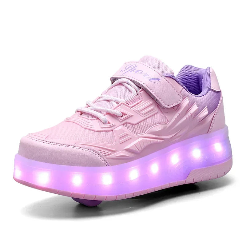 Boys Girls Sneakers Laces 2 Wheels Sneakers Christmas Birthday Kids Show Gift Kids Roller Skates LED Light Leedoar