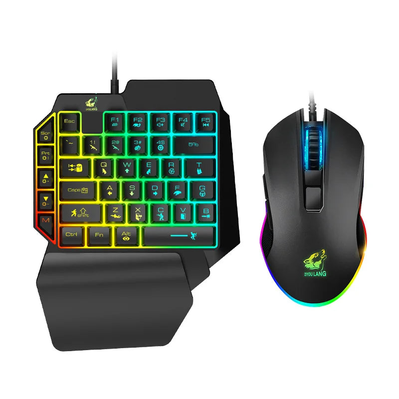 T1 One Hand Mobile Phone Game Keyboard and Mouse Set Converter Mini Wired Gaming Keyboard Mouse com luz RGB para Android IOS 