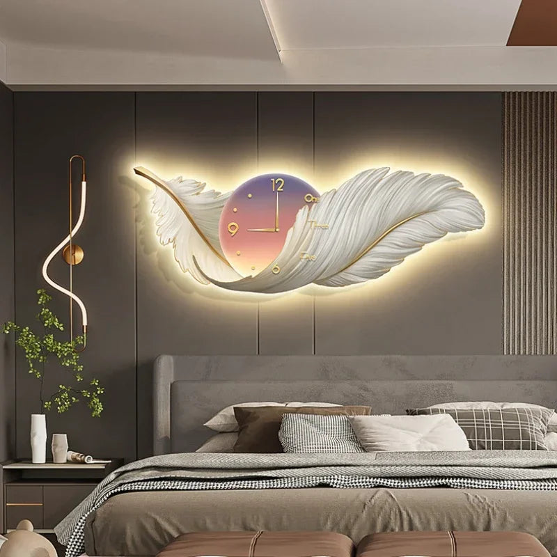 Decoração de sala de estar de penas de luxo moderno, pintura de relógio, pintura de luz LED, cabeceira de cama, escultura, decoração, pintura mural 