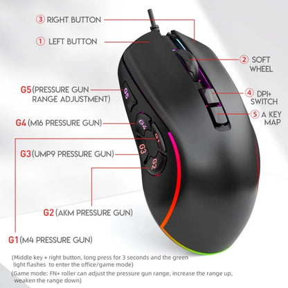 Mouse de escritório para jogos com fio 7200DPI RGB com retroiluminação 6 níveis de DPI ajustáveis/10 botões programáveis/botão de retorno ao mouse de mesa 