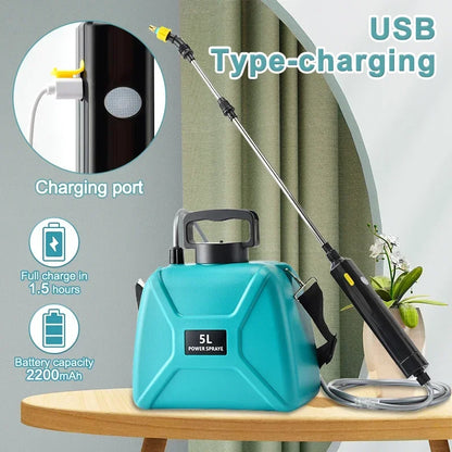 5L Garden Electric Sprayer with Rotating Mist Nozzles Telescopic Wand Lawn Water Sprayer Plant USB Rechargeable Irrigation Tool Leedoar