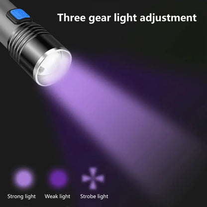 Rechargeable LED UV Flashlight Ultraviolet Torch Zoomable Mini 395nm UV Black Light Pet Urine Stains Detector Scorpion Hunting Leedoar