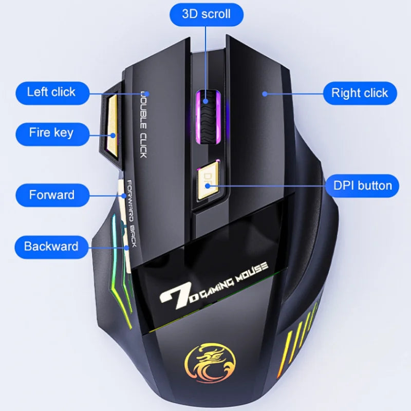 2023 Novo C Free Double-click 2.4G Btooth Silencioso Recarregável Luz de Respiração Deslumbrante Mouse de Jogo Sem Fio 7 Teclas 