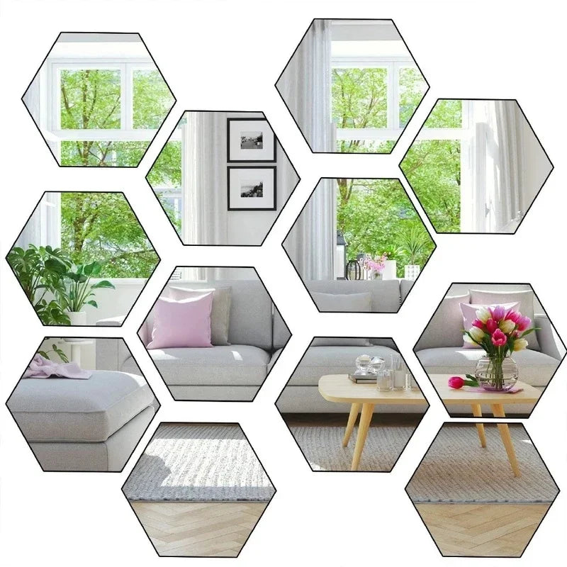 6/12/24 peças 3D Hexagonal Acrílico Espelho Adesivo de Parede Autoadesivo Destacável Mosaico Adesivo DIY Decoração de Casa Arte Espelho Deco