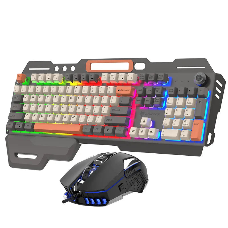 XUNSVFOX K90 Conjunto de teclado e mouse para jogos com fio, moderno, três cores, luz mecânica, sensação, teclado para jogos com fio russo 