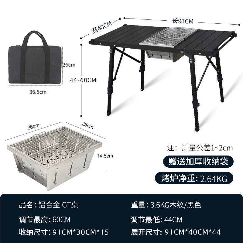 Mesa de camping para exteriores elevable, unidad combinada IGT extraíble, mesa plegable para acampar, mesa de barbacoa para picnic al aire libre 