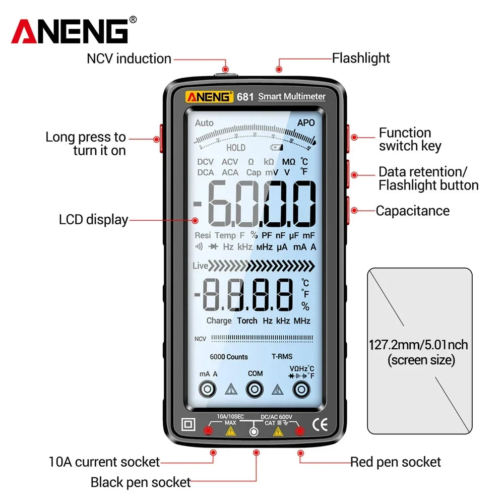 ANENG 681 Rechargable Digital Professional Multimeter Non-contact Voltage Tester AC/DC Voltage Meter LCD Screen Current Tester Leedoar