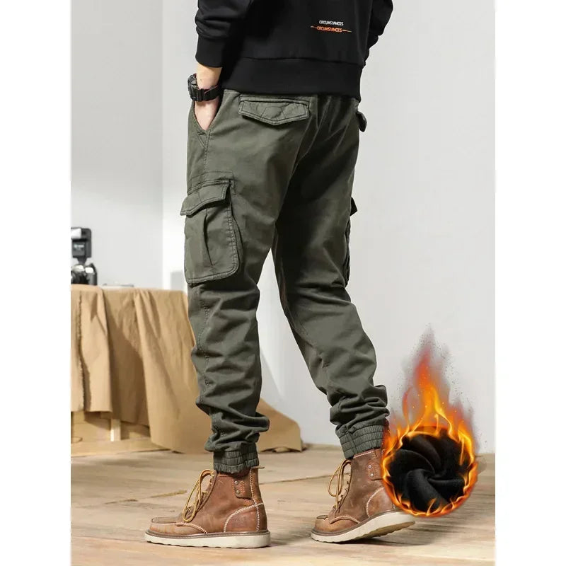 2022 New Multi-Pockets Winter Cargo Pants Men Fleece Liner Thick Warm Slim Fit Joggers Streetwear Casual Cotton Thermal Trousers Leedoar