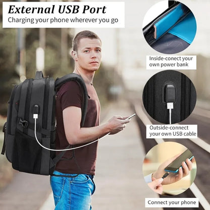 Mochila para portátil de 17 pulgadas para viajes, resistente al agua, para la universidad, para hombre, con puerto de carga USB, color negro 