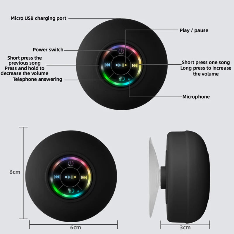 Mini alto-falante Bluetooth à prova d'água para banheiro, áudio sem fio, alto-falantes de chuveiro, luz RGB para telefone, barra de som, alto-falante para carro, mãos livres 