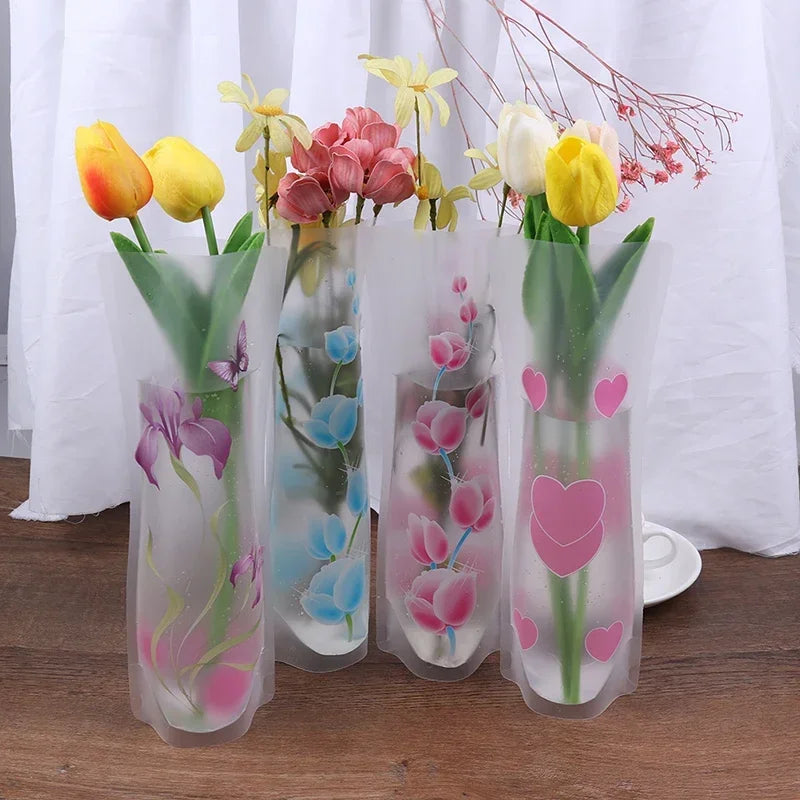 4pcs 27x12cm Creative Plastic Vase Home Freshness PVC Plastic Foldable Transparent Vase Flowers Jardiniere Flower Arrangement Leedoar