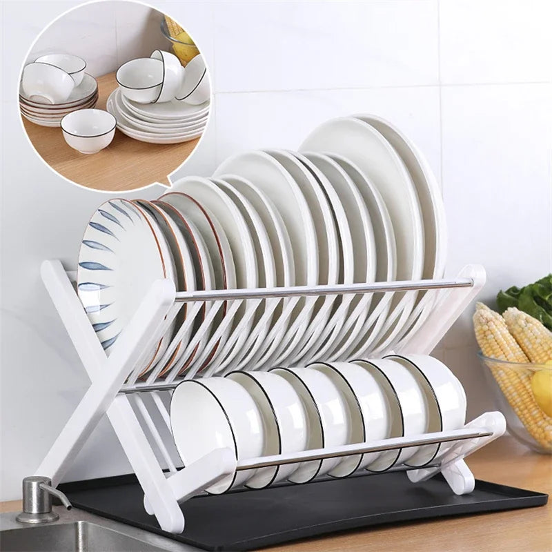 Rejilla para secar platos, bandeja plegable de doble capa, organizador de cocina, soporte para tapa de olla, escurridor de platos, soporte de almacenamiento para fregadero 