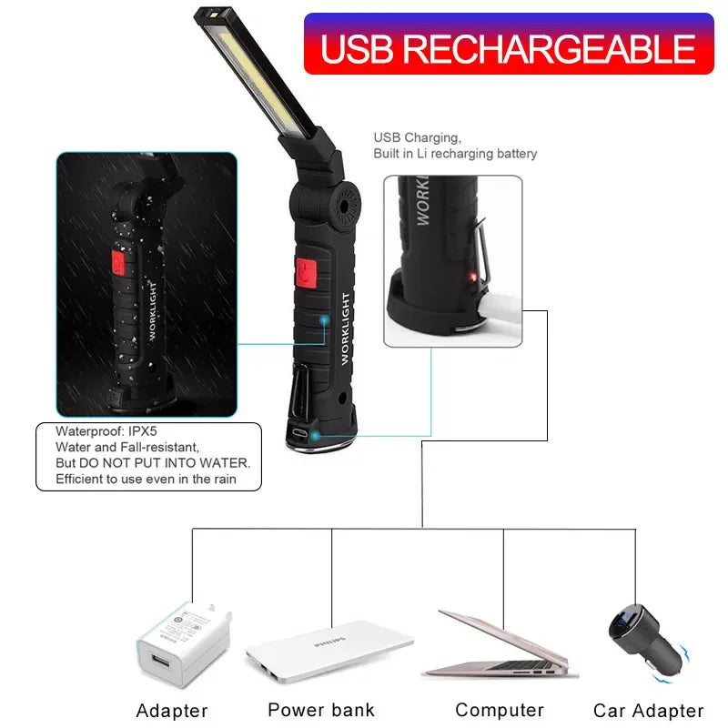 LED Flashlight 5-Mode COB LED Camping Tent Lamp USB Rechargeable Torch Magnetic Working Lights Folding Hook Outdoor Lanterna Leedoar