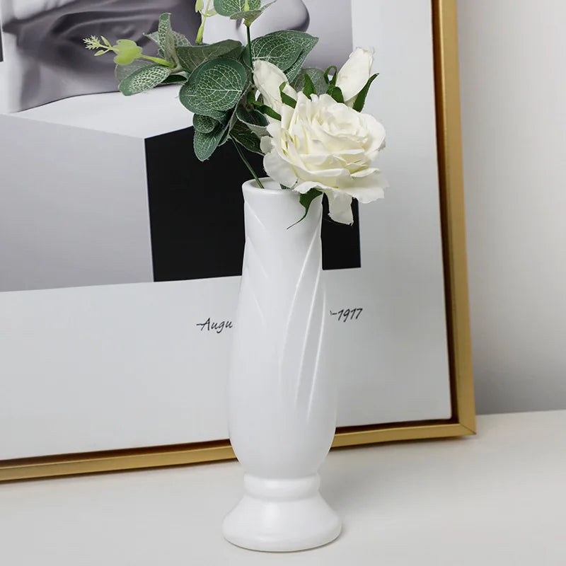 New Plastic Flower Vase White Imitation Ceramic Flower Arrangement Container Pot Basket Home Modern Decoration Vases for Flowers Leedoar