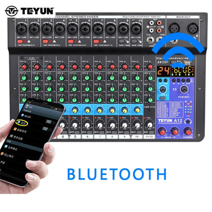 TEYUN A12 Channel Audio Mixer Professional Portable Mixer Sound Table Board Digital MP3 Computer Input 48v Power Number A6 A8 Leedoar